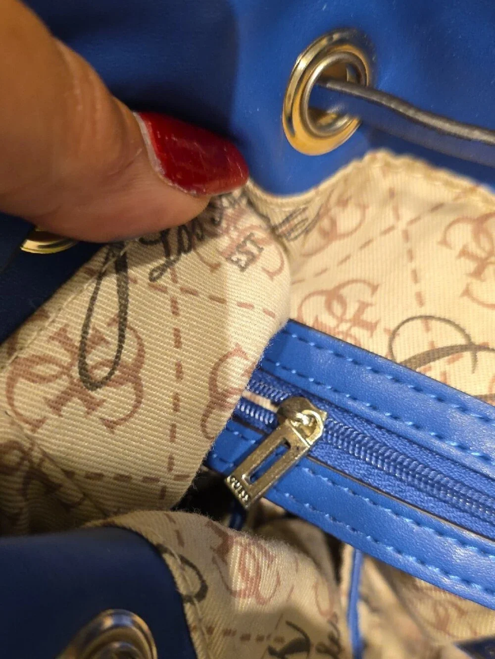 GUESS Royal Blue Drawstring Bucket Bag with Tassel
